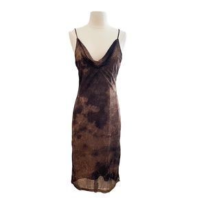 Y2k Brown Tie Dye Shimmer Sparkle Spaghetti Strap Cowl Neck Dress Women’s